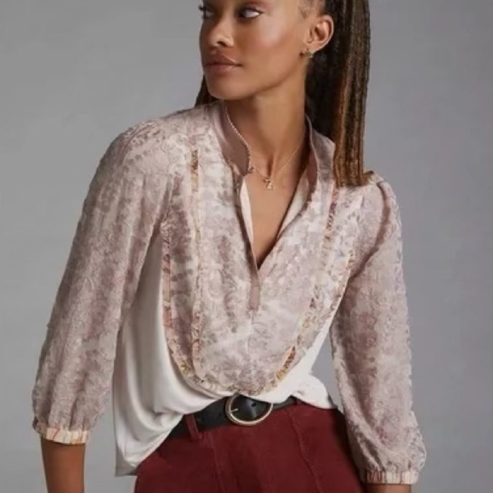Tiny by Anthropologie Lace Bib Blouse in Pink and Cream NWOT